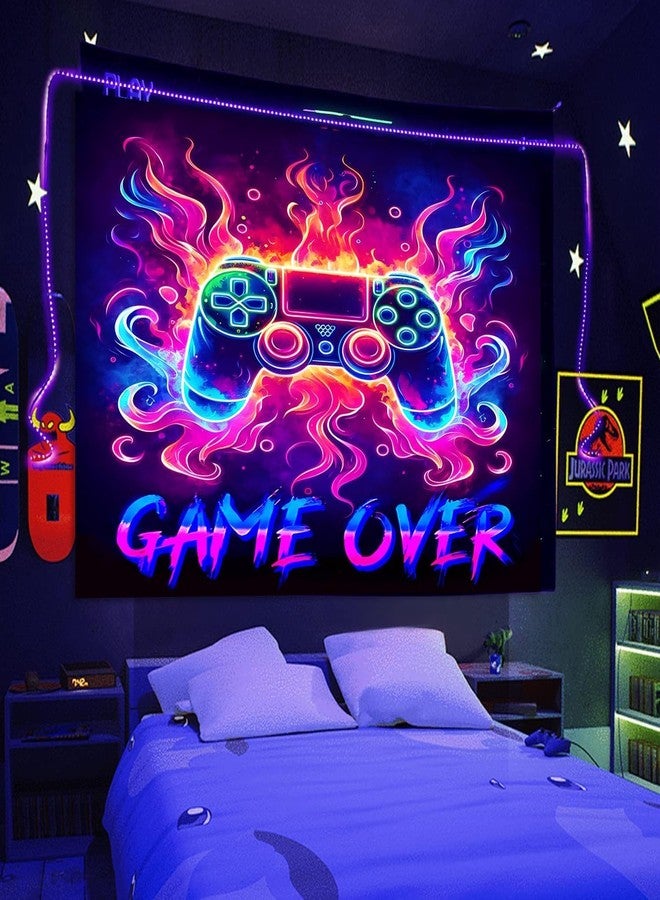 Manicer Blacklight Gaming Tapestry, Cool Neon Game Controller Wall Hanging for Boys Teens, UV Reactive GAME OVER Abstract Art 3D Gaming Poster Tapestries for Bedroom, Play Room - 29.5" x 39.4" - Image 1